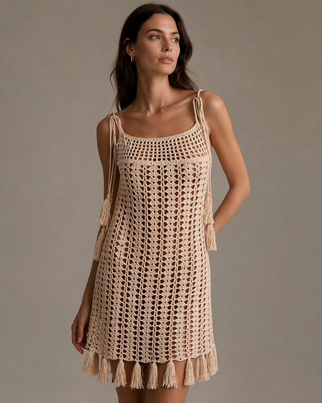 Hand-Knitted Cream Tassel Dress | 100% Cotton | Reversible | S-M