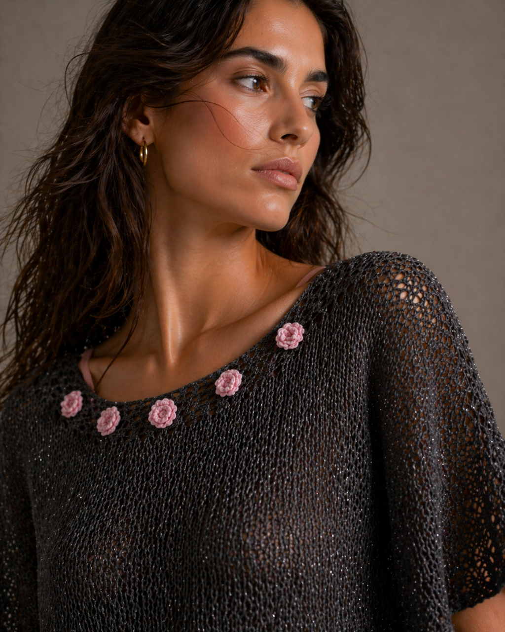 Hand-Knitted Cotton Sweater | Rose Collar Knit Dress – S/M/L