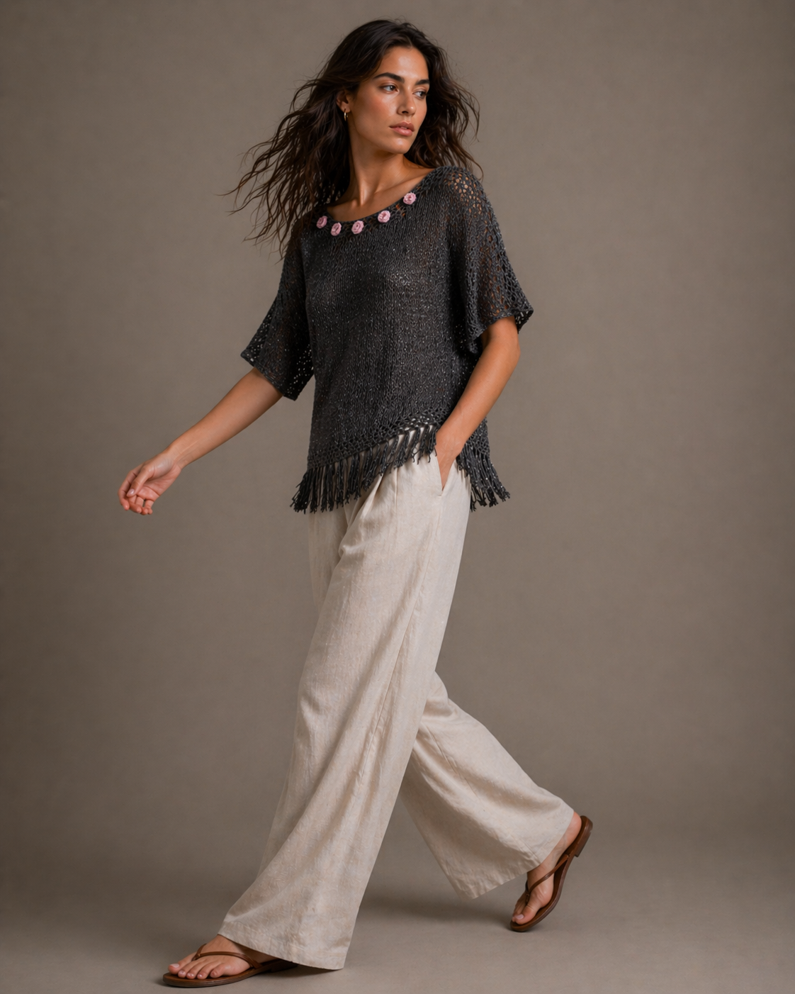 Hand-Knitted Cotton Sweater | Rose Collar Knit Dress – S/M/L
