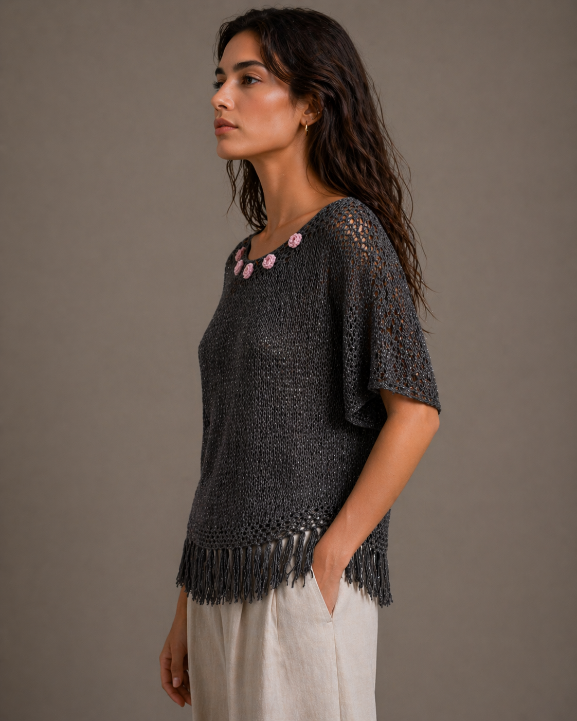 Hand-Knitted Cotton Sweater | Rose Collar Knit Dress – S/M/L