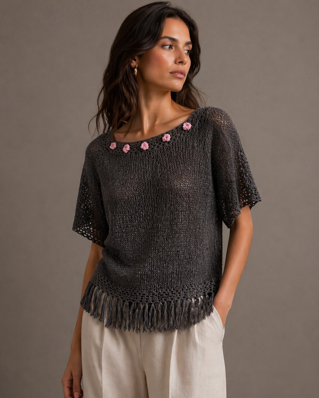 Hand-Knitted Cotton Sweater | Rose Collar Knit Dress – S/M/L