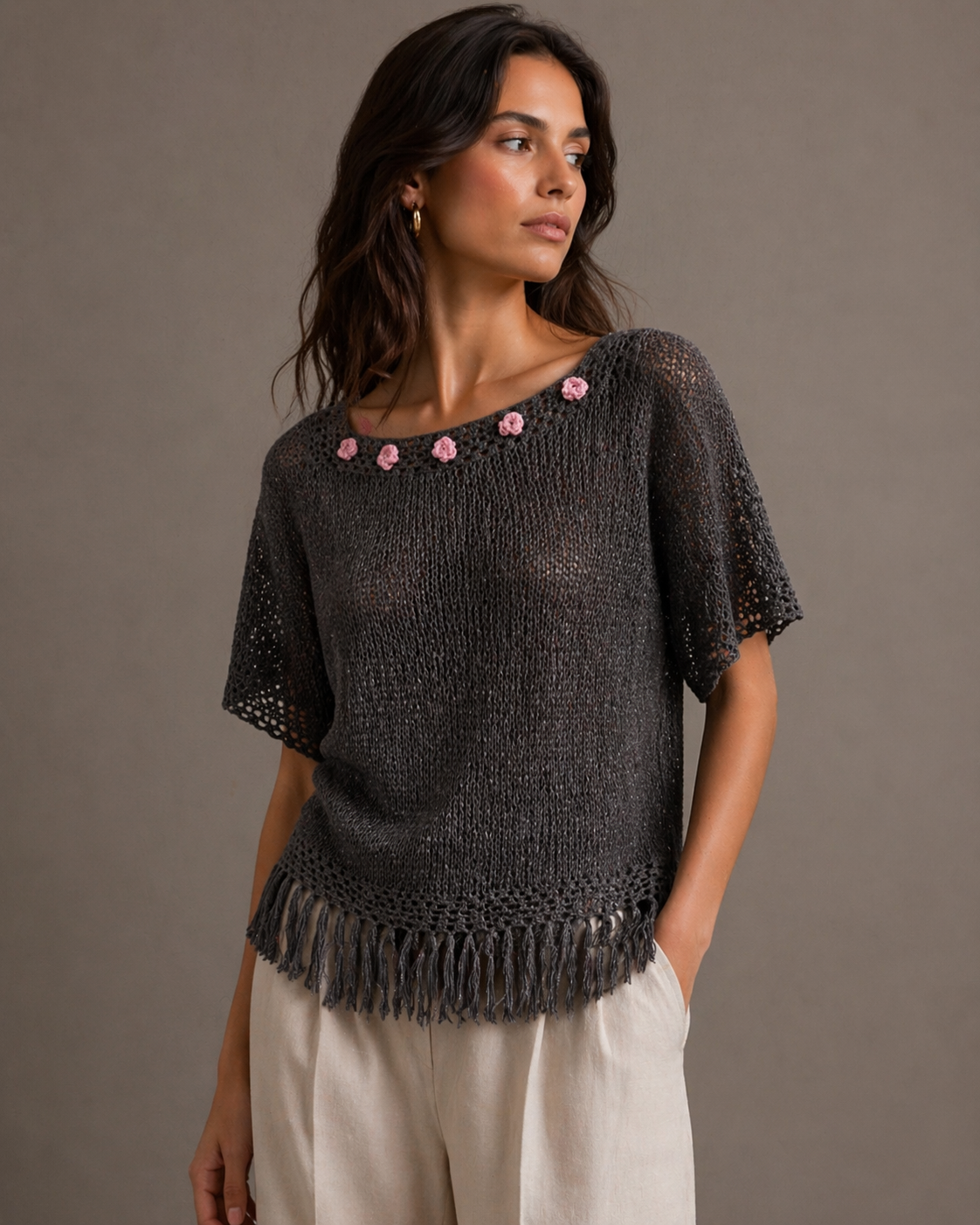Hand-Knitted Cotton Sweater | Rose Collar Knit Dress – S/M/L