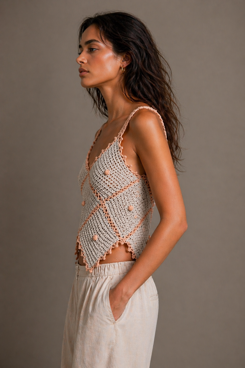 Hand-Knitted Cream Crop Knit Dress | Tattoo Detail Adjustable Strap | XS/S/M
