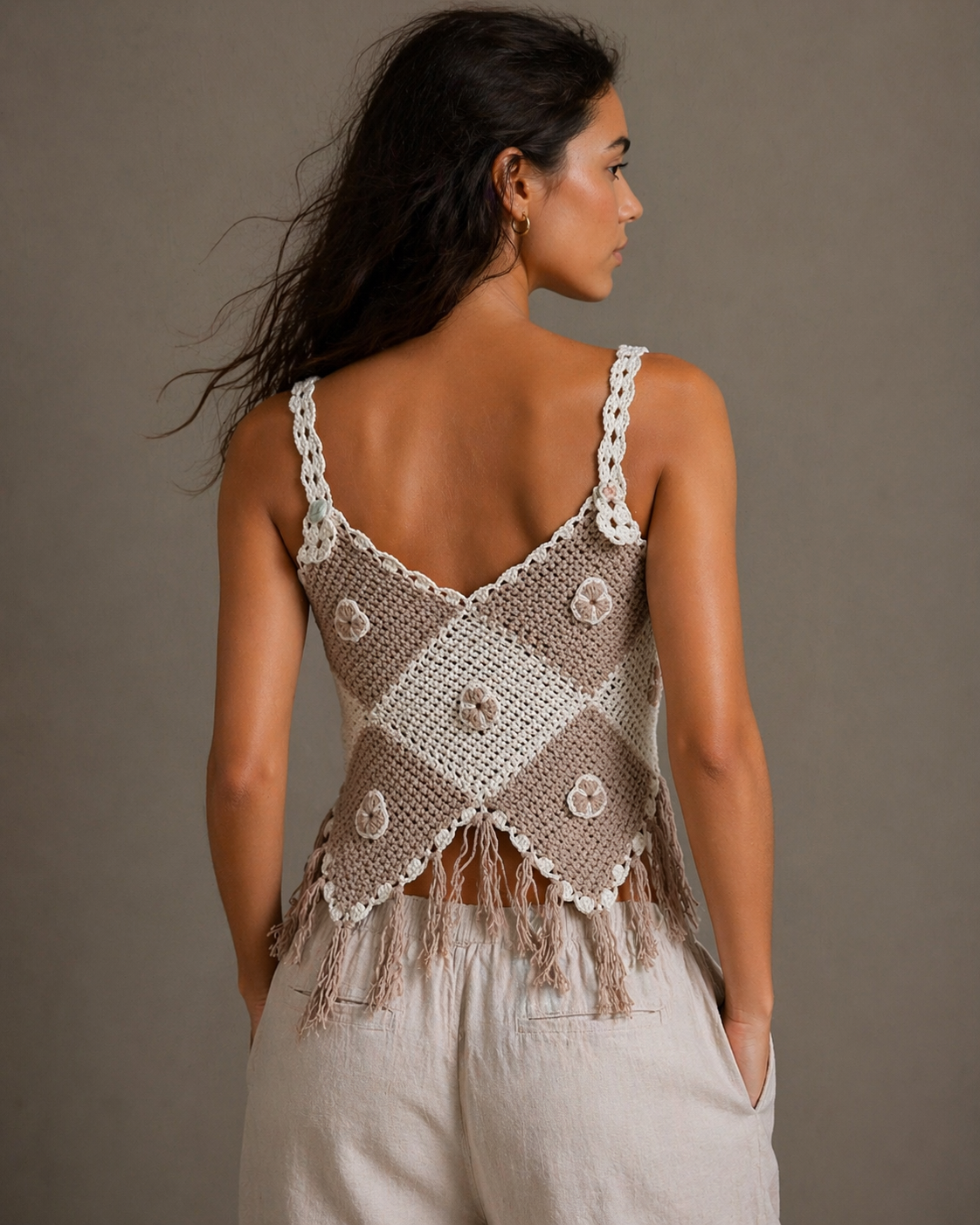 Hand-Knitted Cream Crop Knit Dress | Button Closure Adjustable Straps | S/M