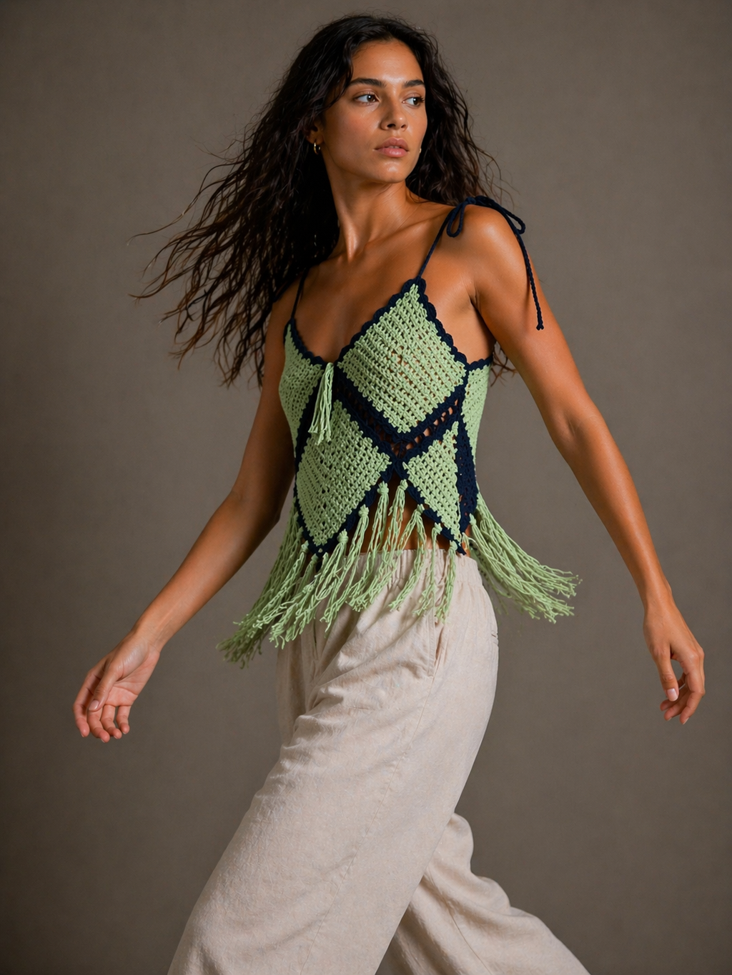Hand-Knitted Green & Navy Crop Knit Dress | Button Closure Straps | XS/S/M