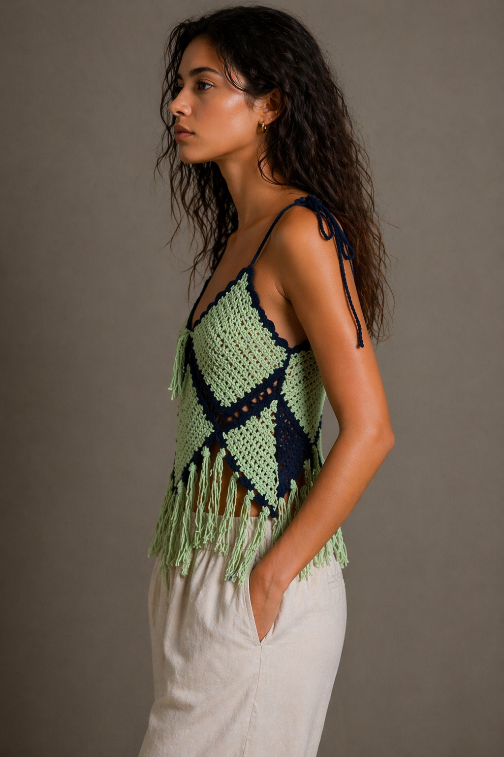 Hand-Knitted Green & Navy Crop Knit Dress | Button Closure Straps | XS/S/M