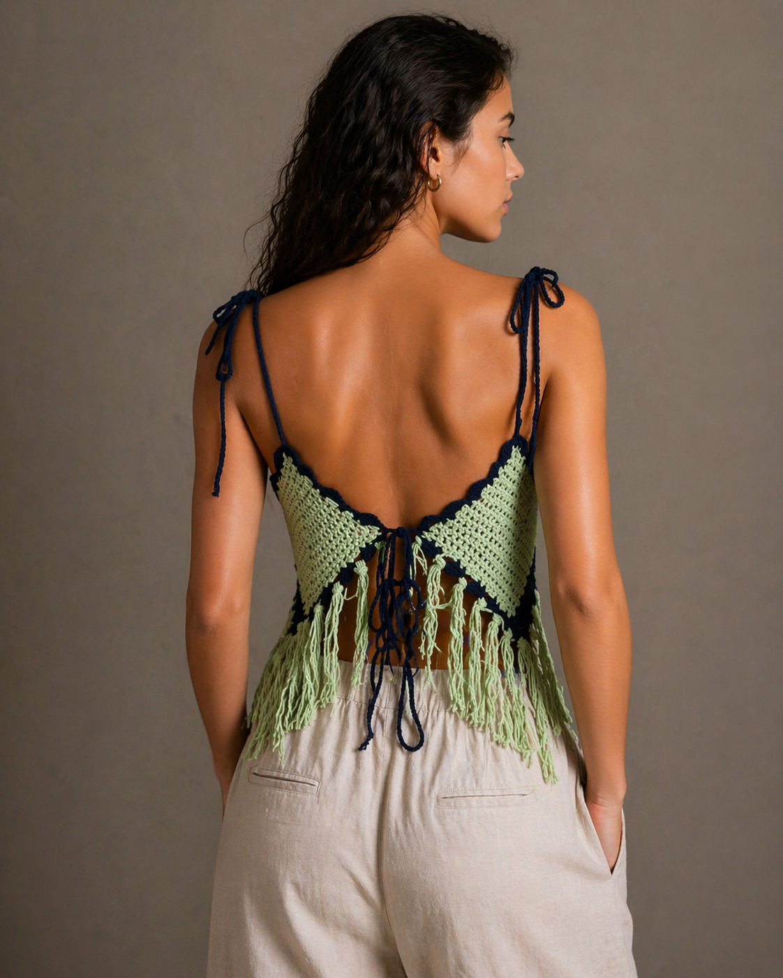 Hand-Knitted Green & Navy Crop Knit Dress | Button Closure Straps | XS/S/M