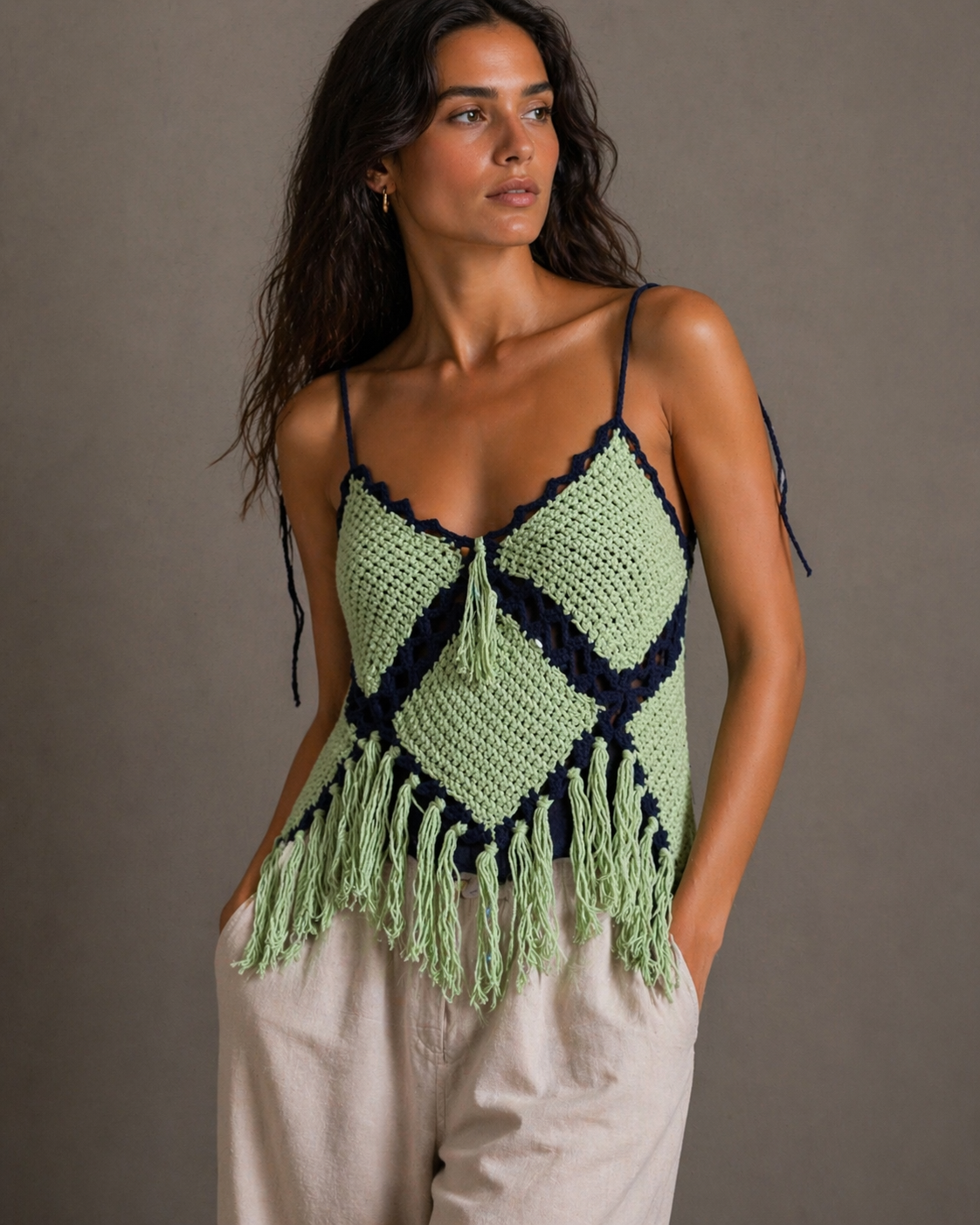 Hand-Knitted Green & Navy Crop Knit Dress | Button Closure Straps | XS/S/M