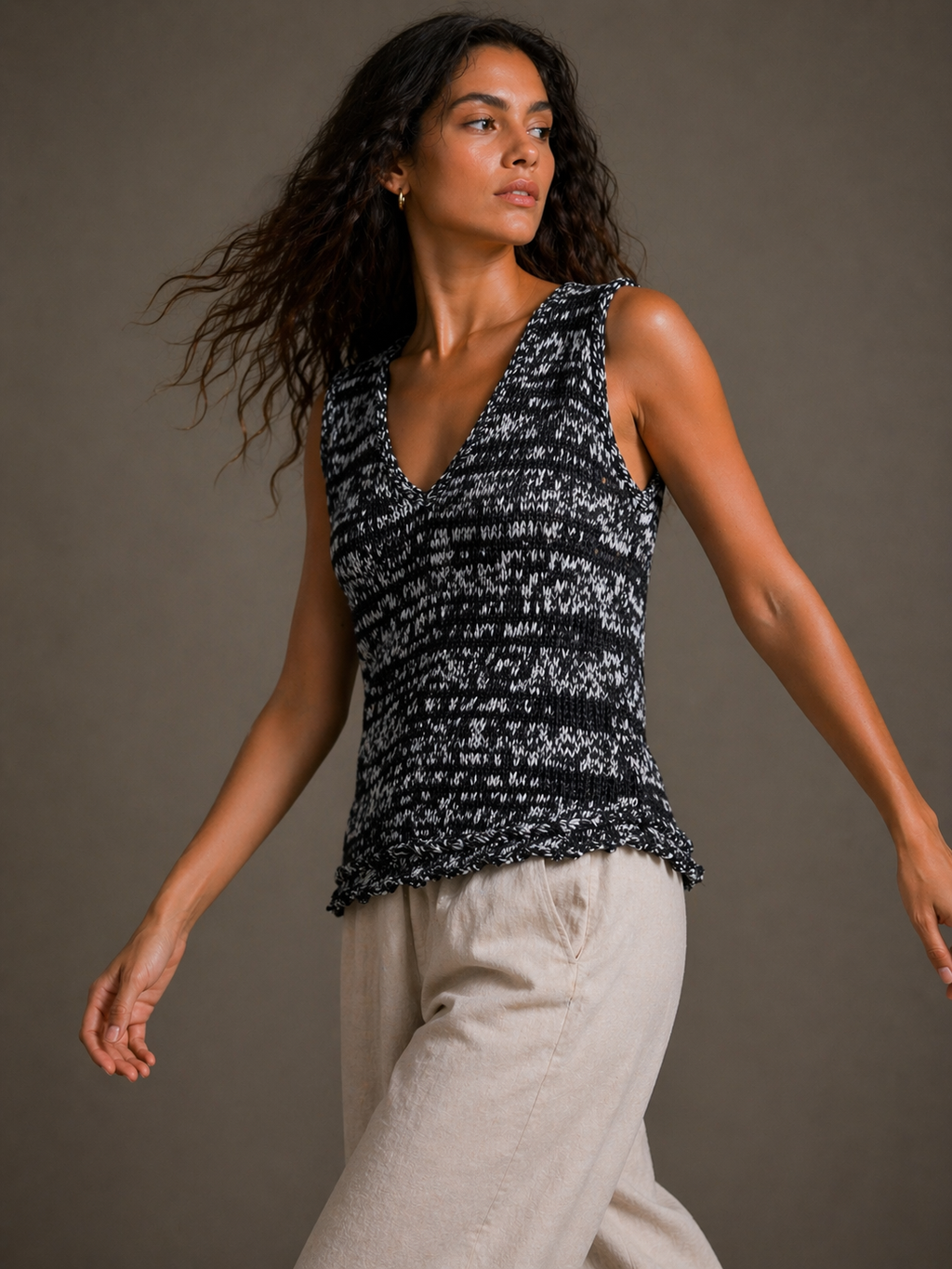 Hand-Knitted Grey Mottled Cotton Sweater | XS/S/M