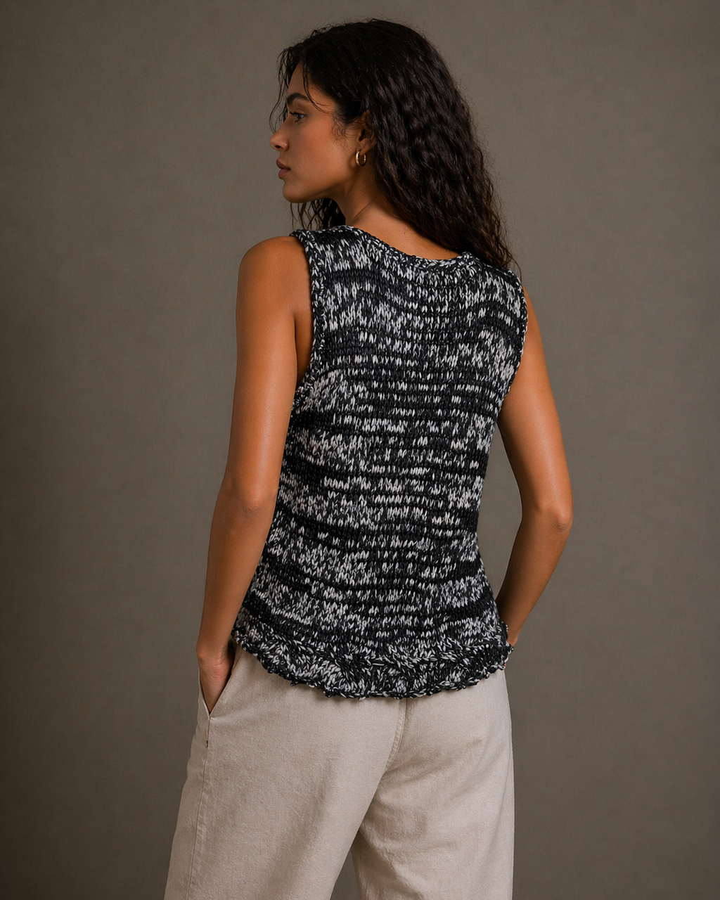 Hand-Knitted Grey Mottled Cotton Sweater | XS/S/M