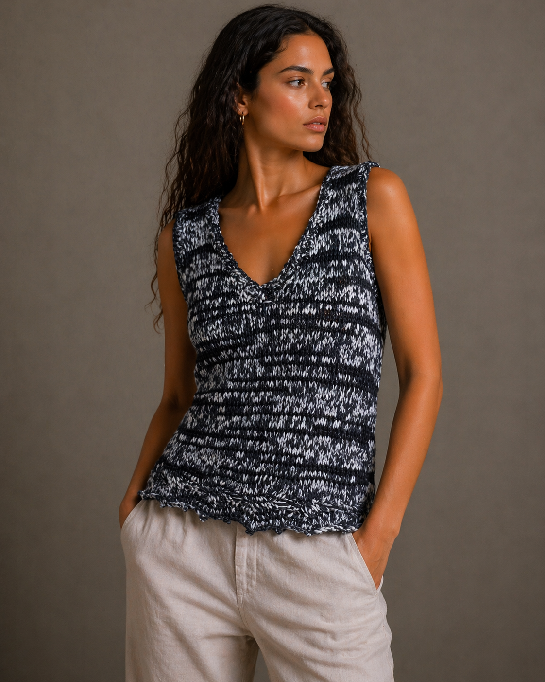 Hand-Knitted Grey Mottled Cotton Sweater | XS/S/M