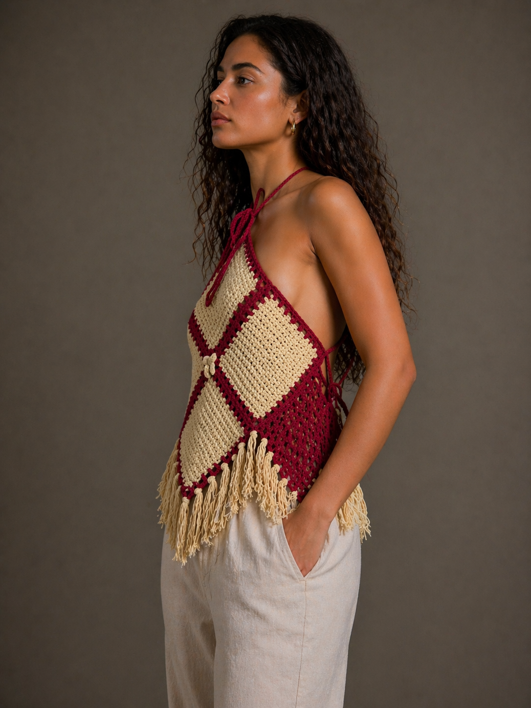 Hand-Knitted Yellow & Red Cotton Crop Top | XS/S/M