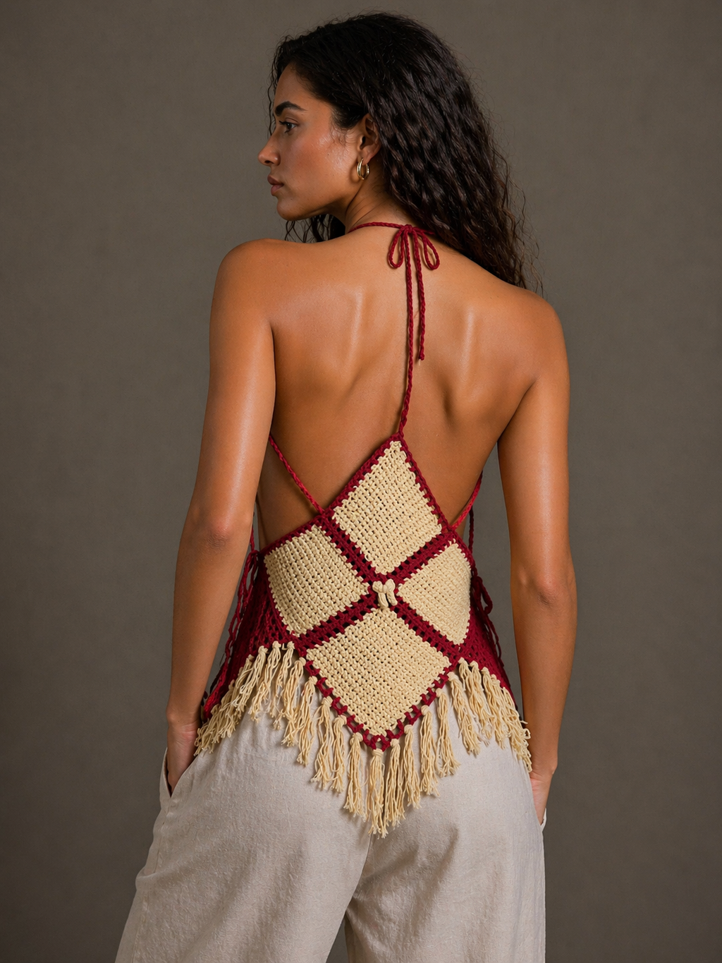 Hand-Knitted Yellow & Red Cotton Crop Top | XS/S/M