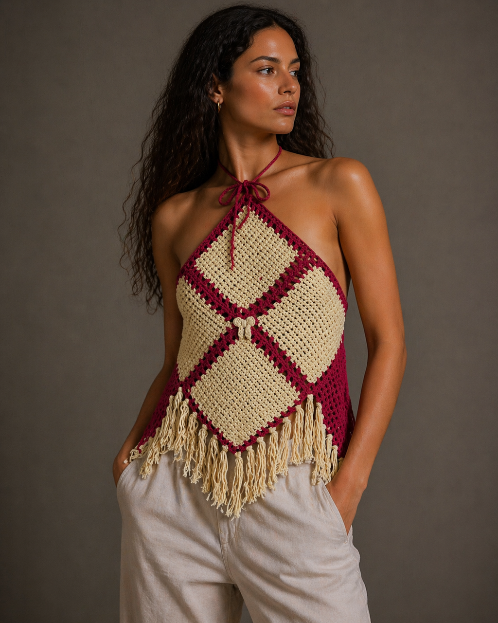 Hand-Knitted Yellow & Red Cotton Crop Top | XS/S/M