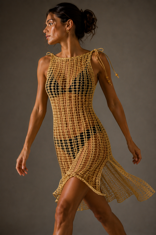 Hand-Crocheted Mesh Beach Cover-Up | Mustard Yellow | XS/S