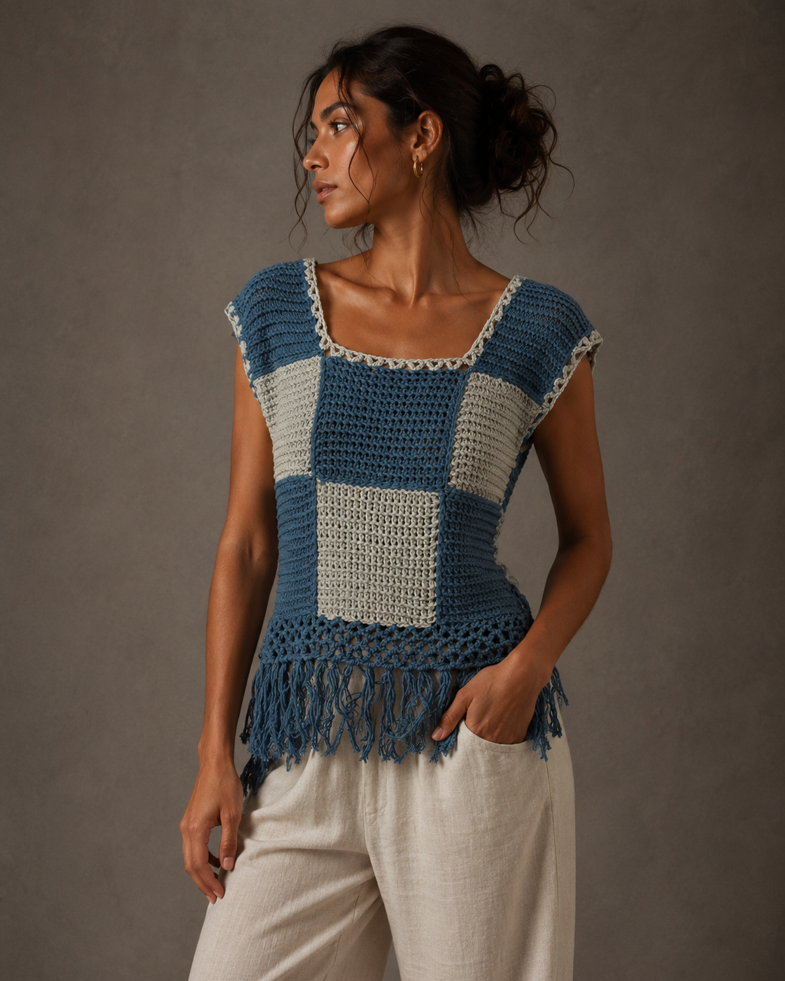 Blue and white side straps are adjustable. xs s