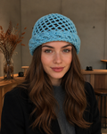 Hand-Crocheted Mesh Beanie Bright Blue One Size
