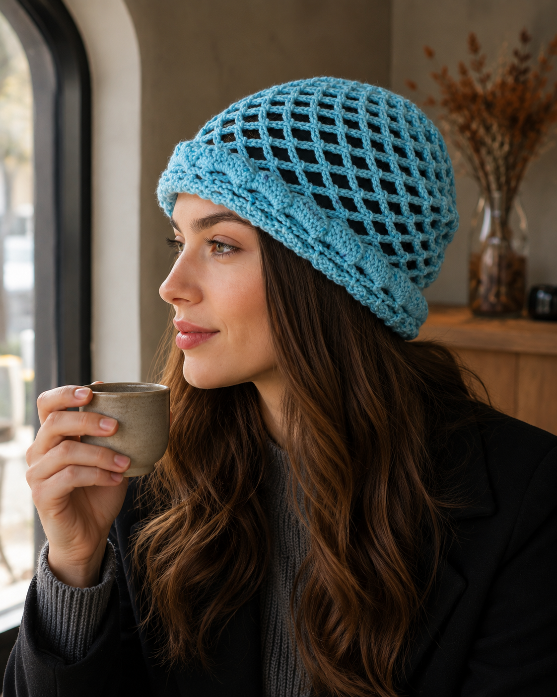 Hand-Crocheted Mesh Beanie Bright Blue One Size