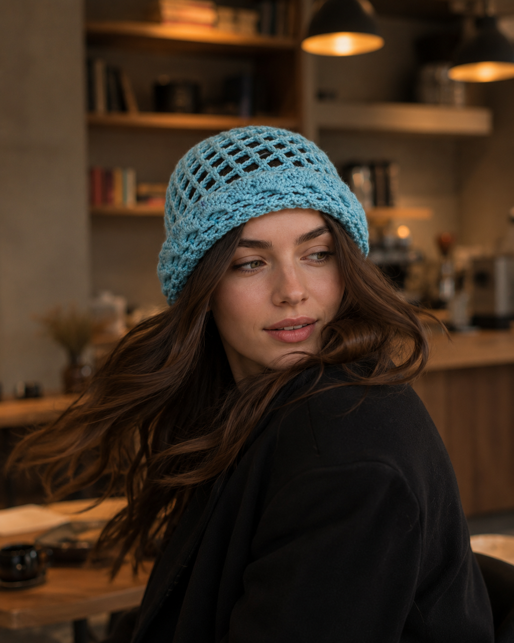 Hand-Crocheted Mesh Beanie Bright Blue One Size