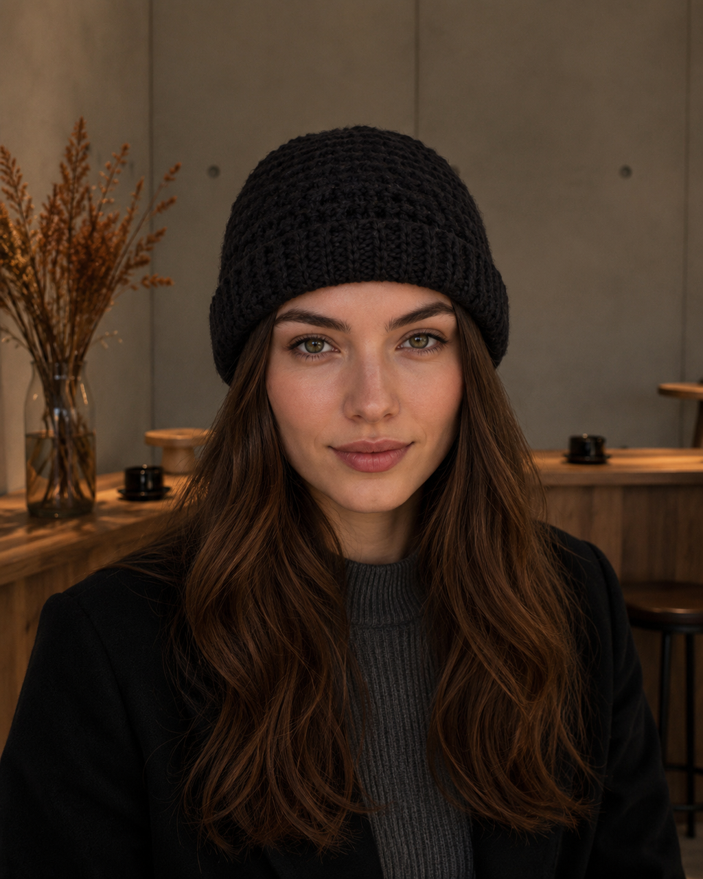 Hand-Crocheted Chunky Beanie Solid Black One Size