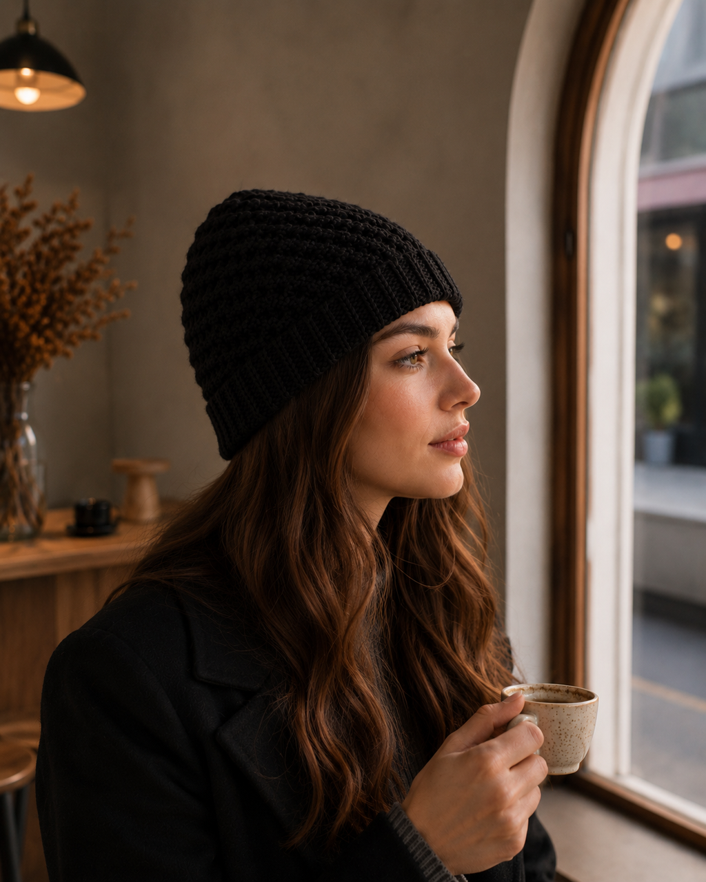 Hand-Crocheted Chunky Beanie Solid Black One Size