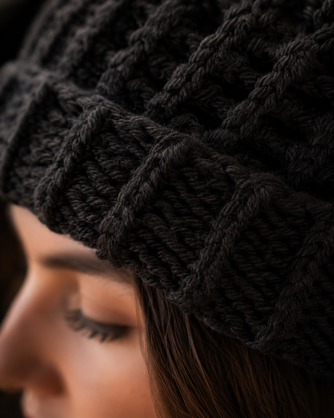 Hand-Crocheted Chunky Beanie Solid Black One Size