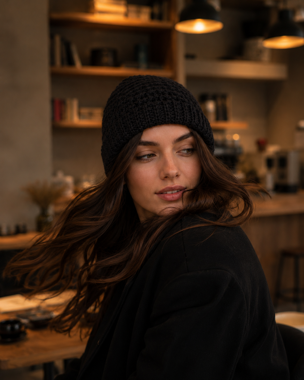 Hand-Crocheted Chunky Beanie Solid Black One Size
