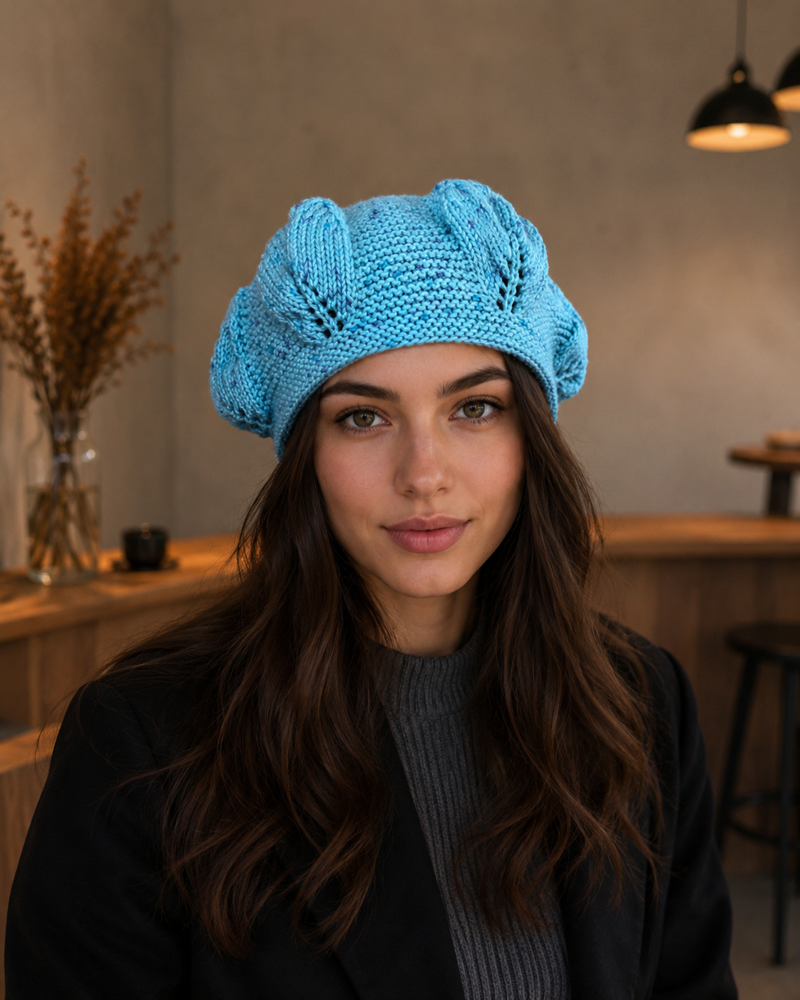 Hand-Knitted Leaf Motif Beanie Bright Blue One Size