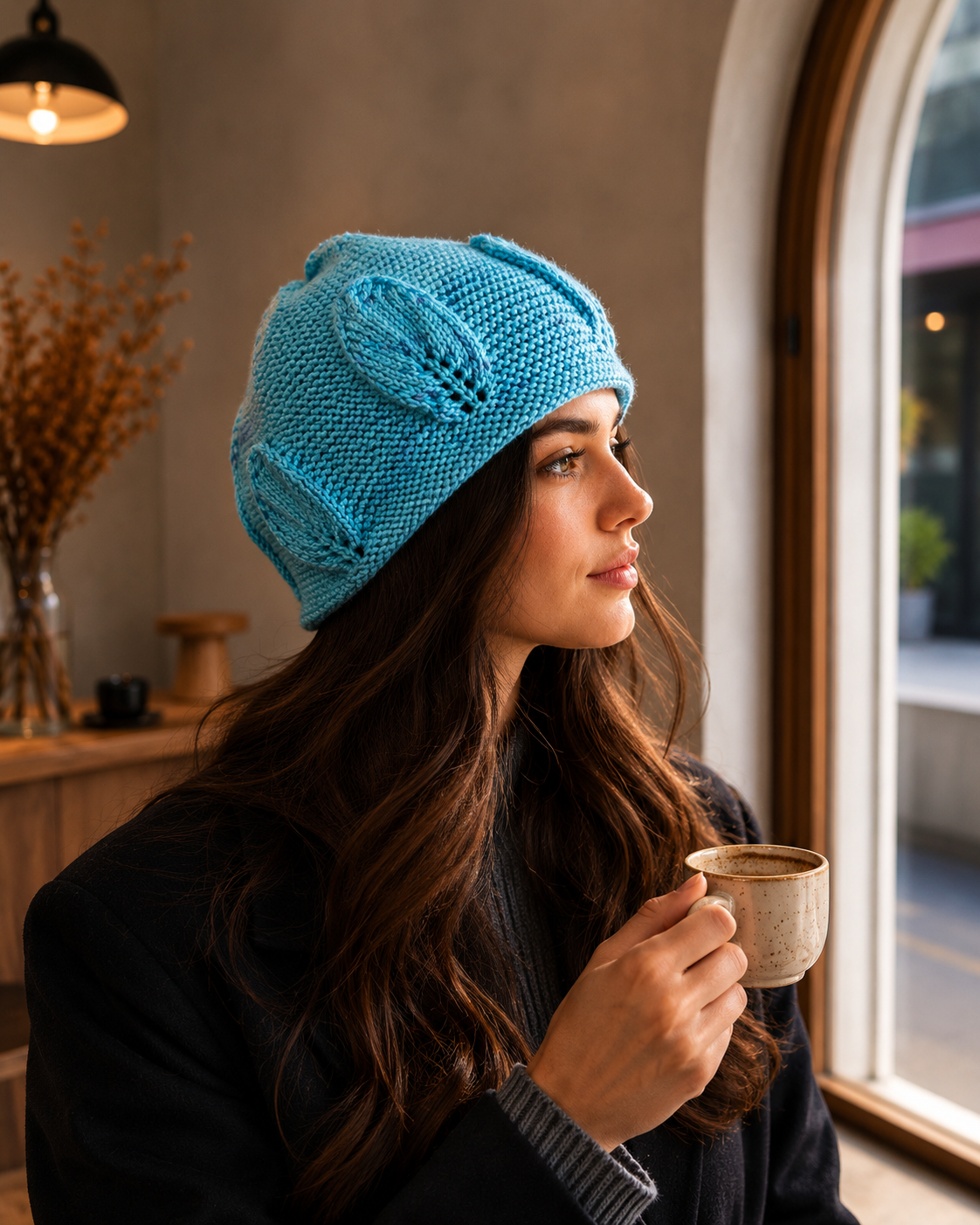 Hand-Knitted Leaf Motif Beanie Bright Blue One Size