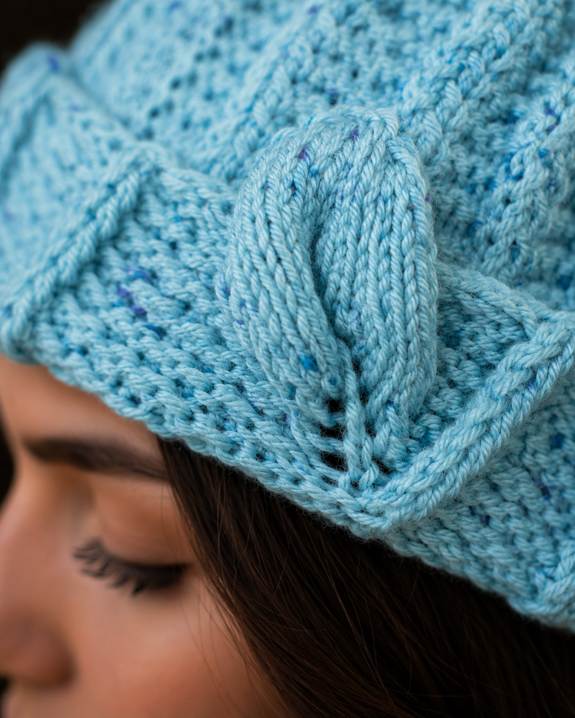 Hand-Knitted Leaf Motif Beanie Bright Blue One Size
