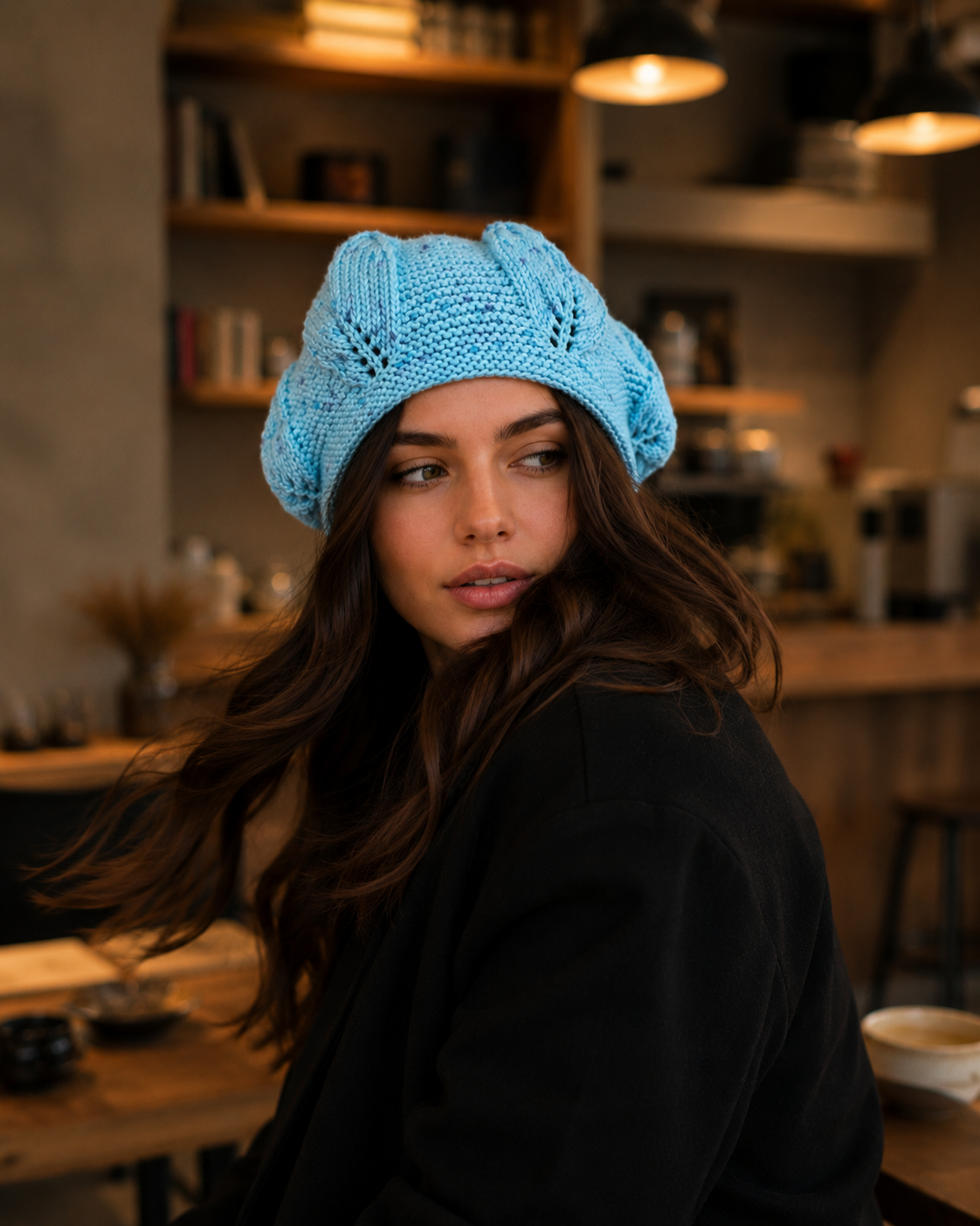 Hand-Knitted Leaf Motif Beanie Bright Blue One Size