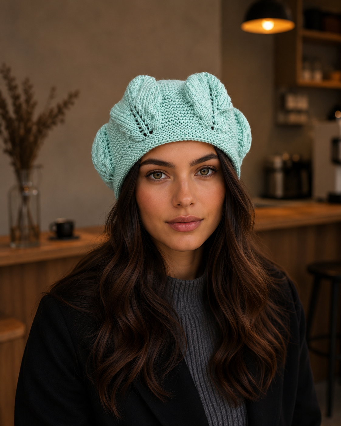Hand-Knitted Leaf Motif Beanie Mint Green One Size