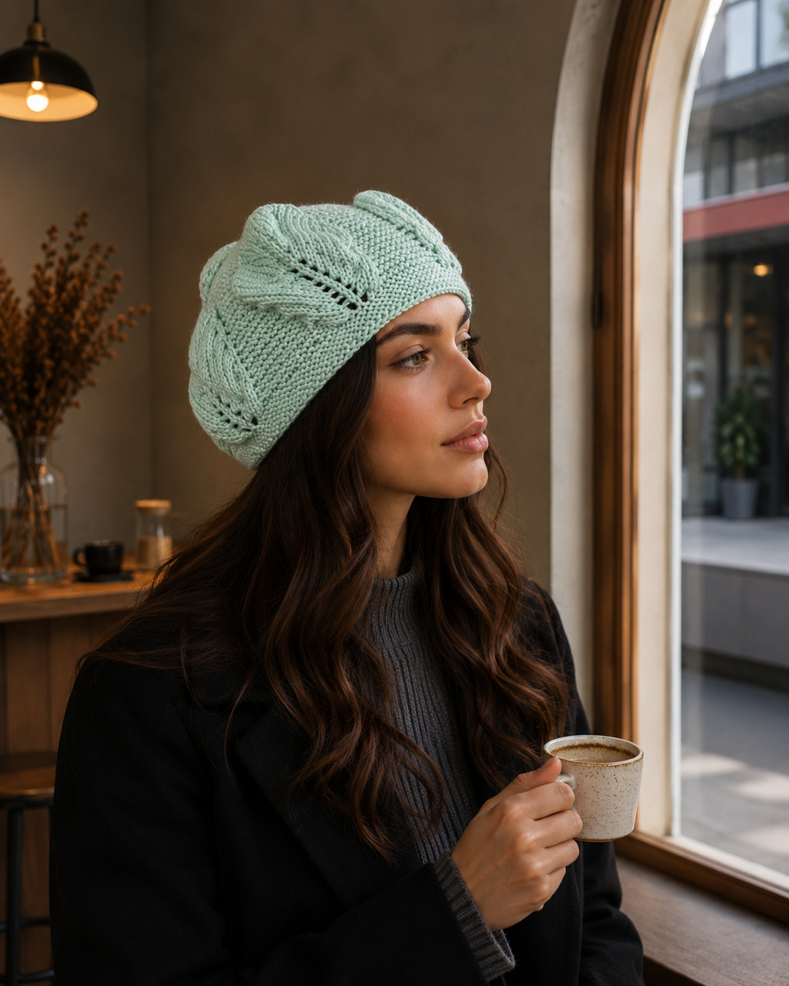 Hand-Knitted Leaf Motif Beanie Mint Green One Size