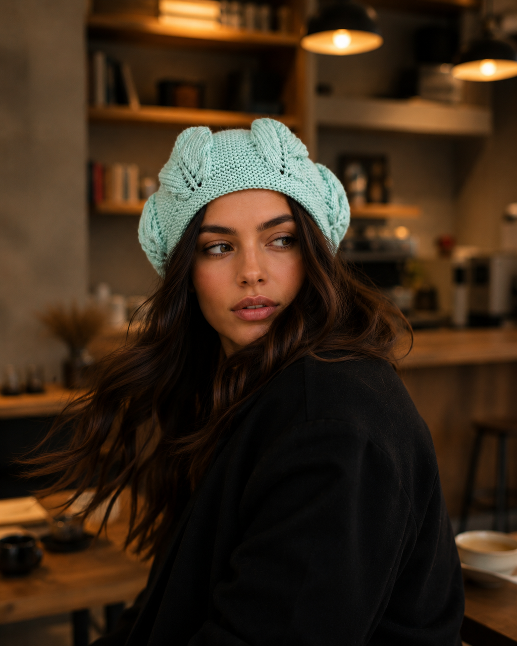 Hand-Knitted Leaf Motif Beanie Mint Green One Size