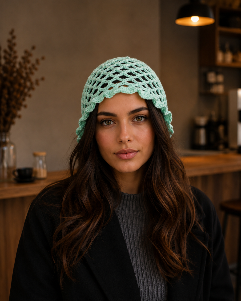 Hand-Crocheted Mesh Beanie Mint Green Scalloped Brim One Size