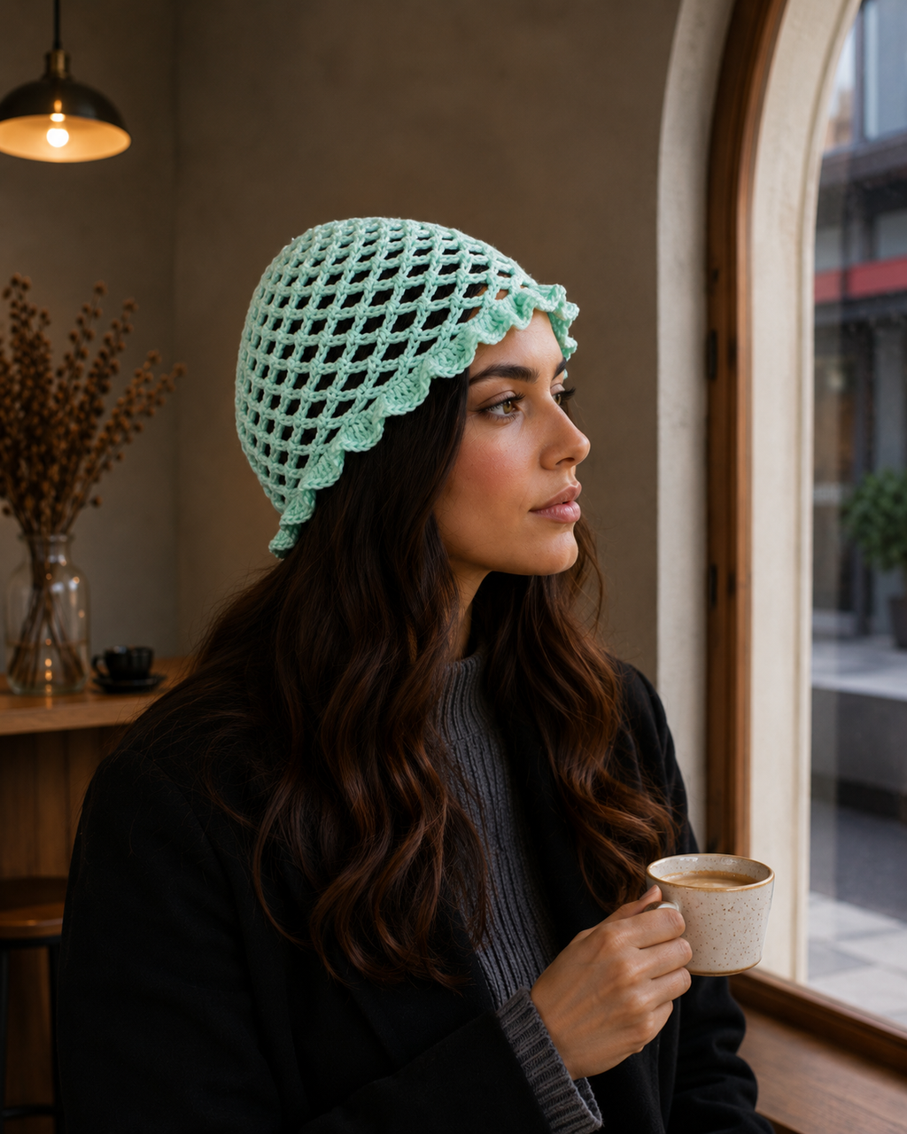 Hand-Crocheted Mesh Beanie Mint Green Scalloped Brim One Size