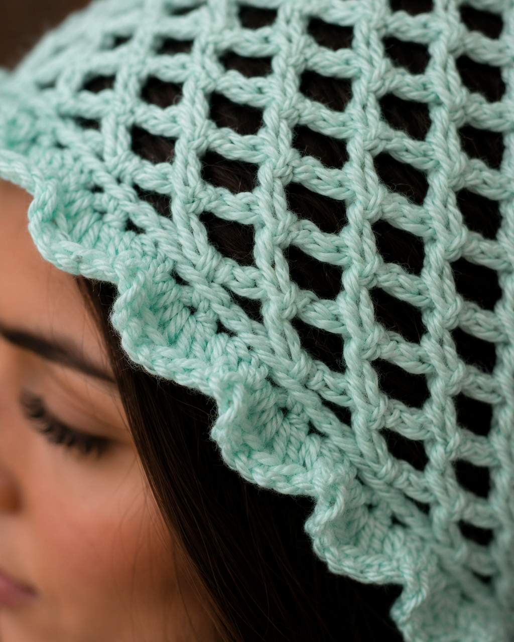 Hand-Crocheted Mesh Beanie Mint Green Scalloped Brim One Size