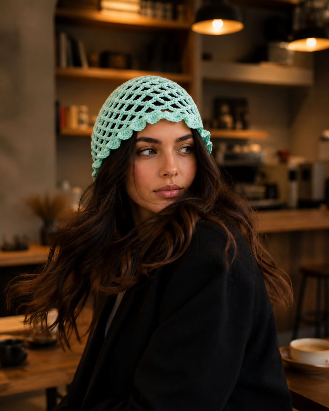 Hand-Crocheted Mesh Beanie Mint Green Scalloped Brim One Size