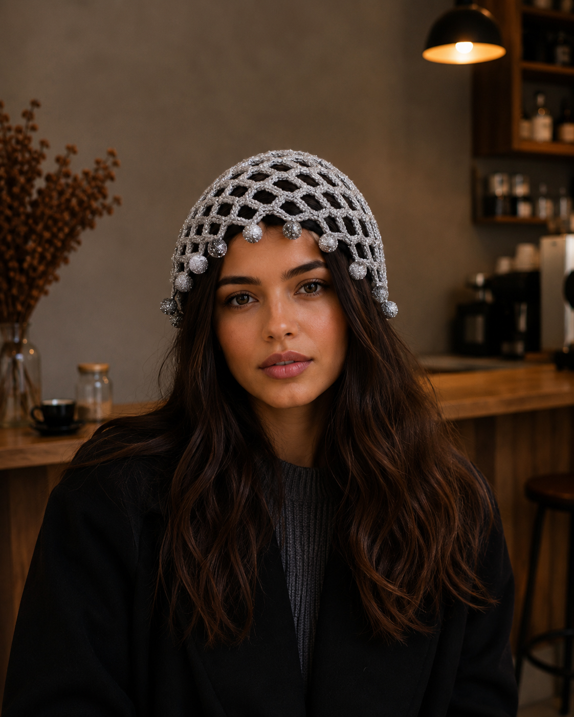 Hand-Crocheted Metallic Mesh Beanie Silver Beaded Trim One Size