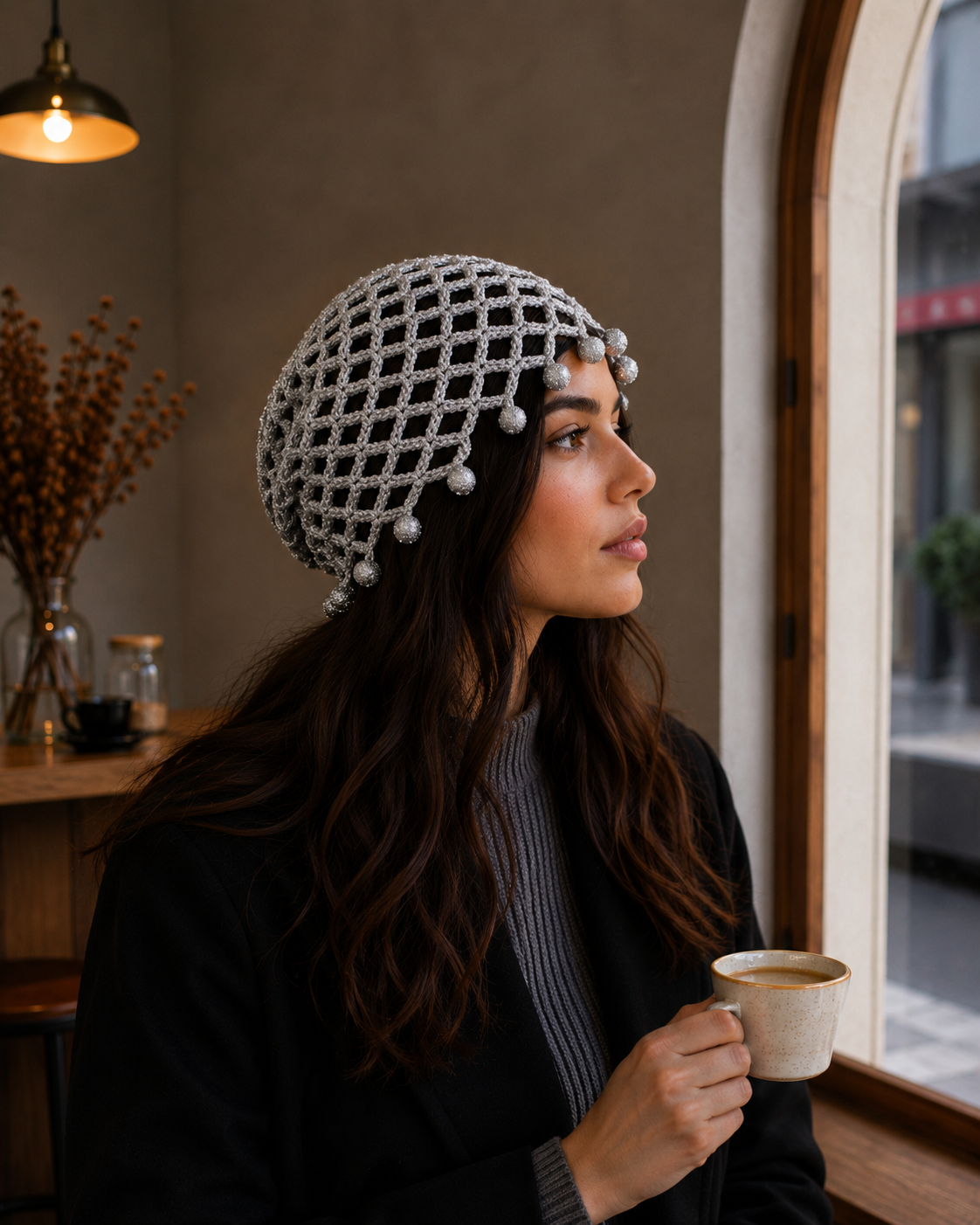 Hand-Crocheted Metallic Mesh Beanie Silver Beaded Trim One Size