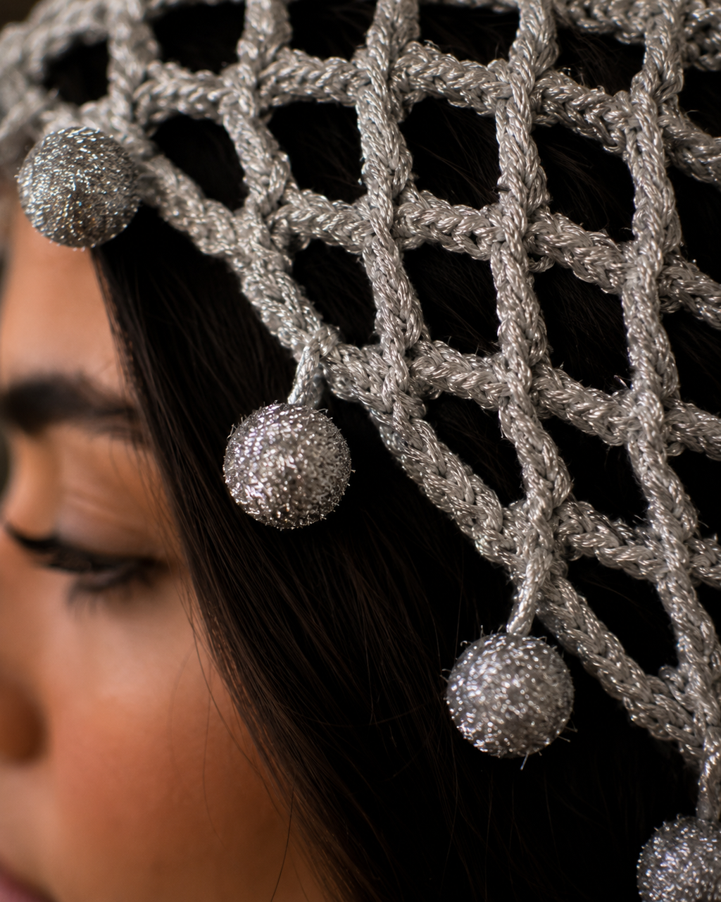 Hand-Crocheted Metallic Mesh Beanie Silver Beaded Trim One Size