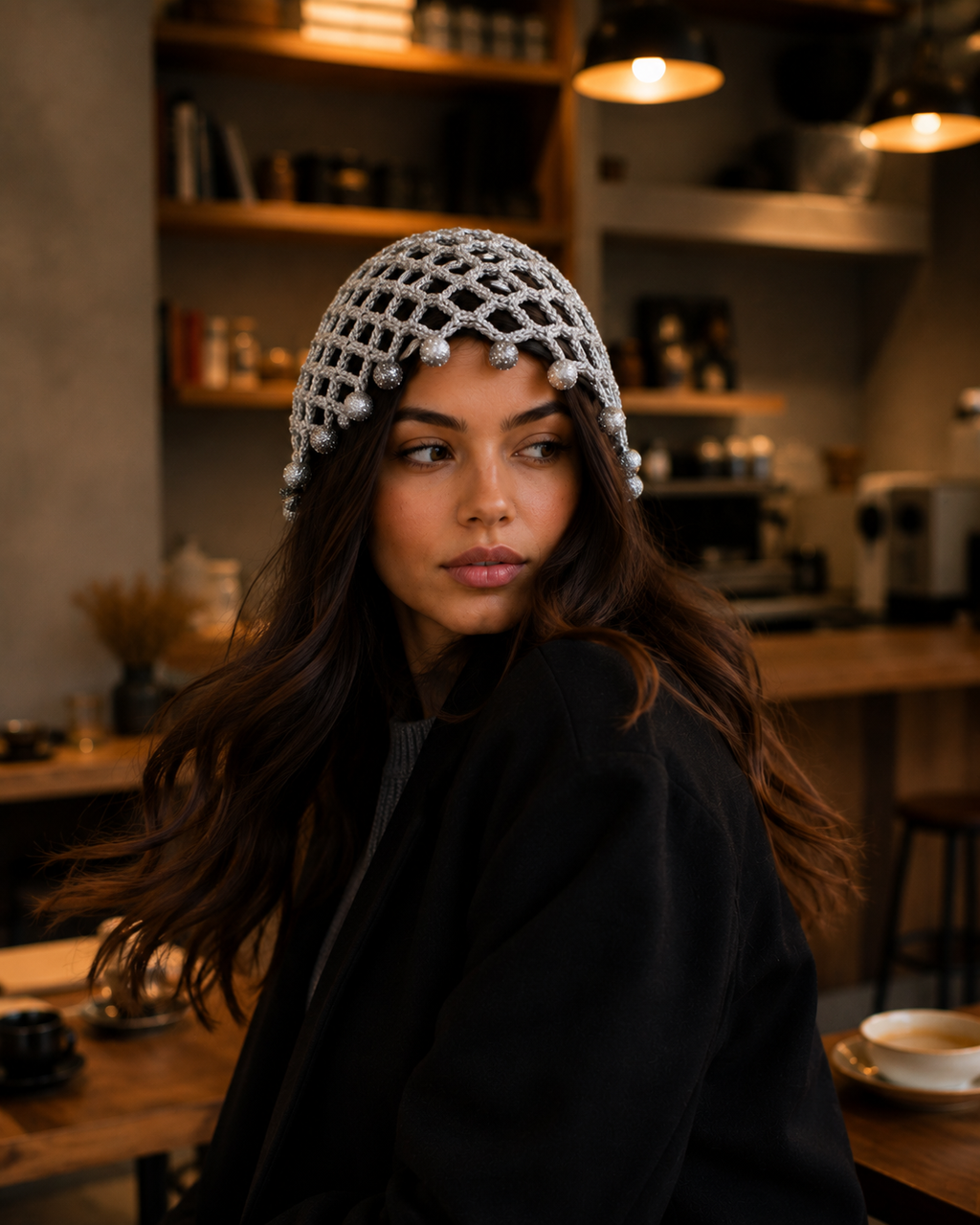Hand-Crocheted Metallic Mesh Beanie Silver Beaded Trim One Size