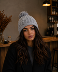 Hand-Knitted Pom-Pom Beanie Light Grey Openwork One Size