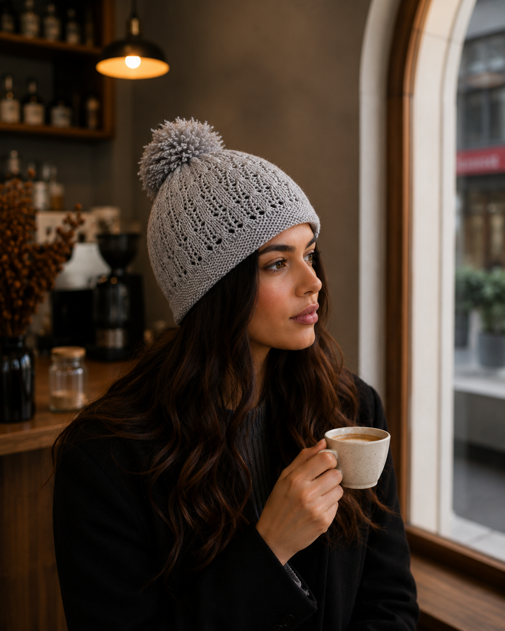 Hand-Knitted Pom-Pom Beanie Light Grey Openwork One Size