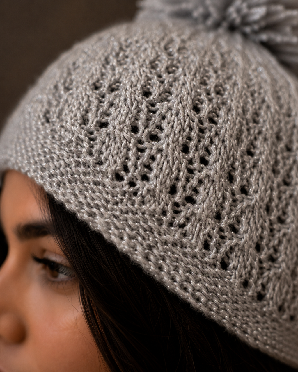 Hand-Knitted Pom-Pom Beanie Light Grey Openwork One Size