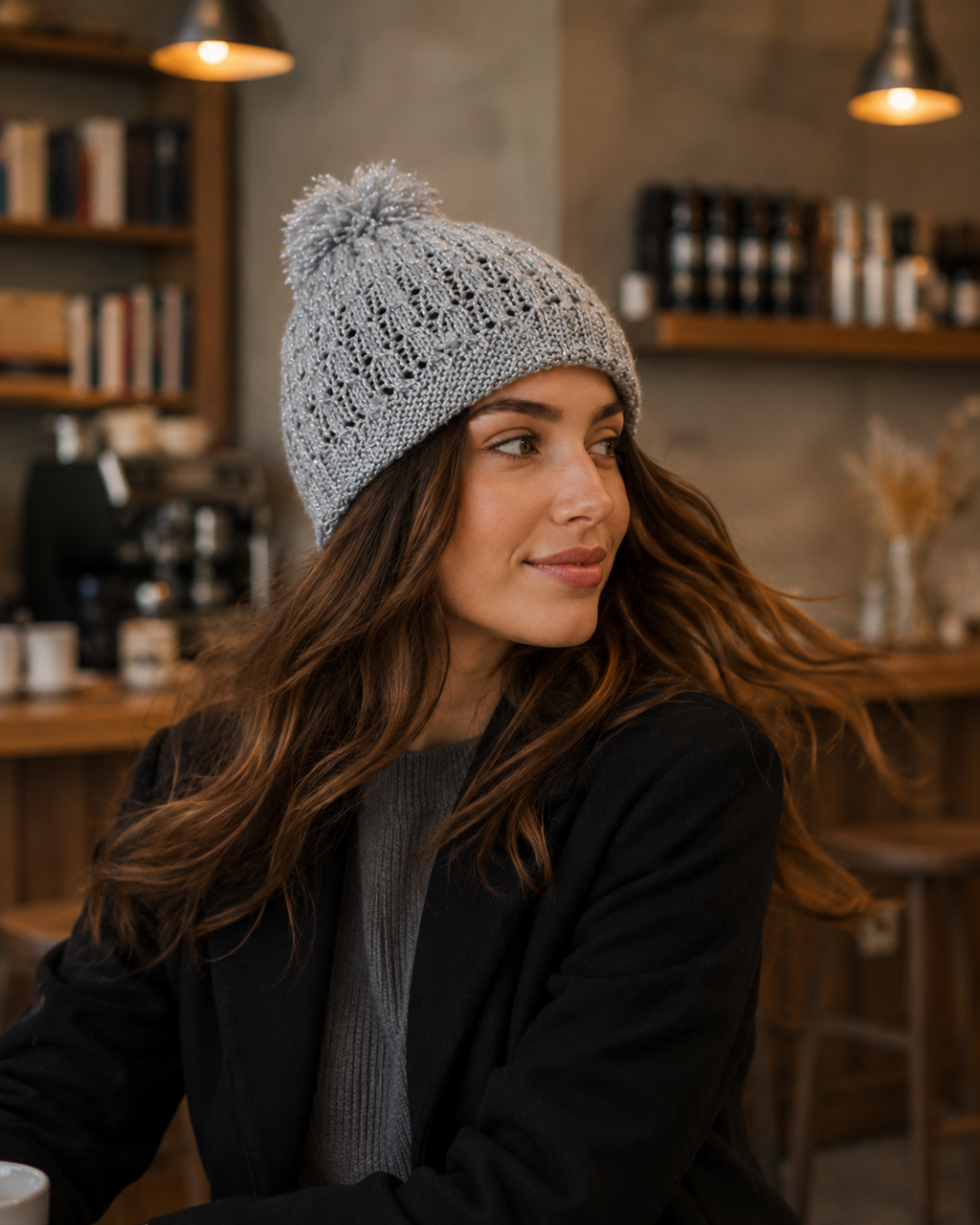 Hand-Knitted Pom-Pom Beanie Light Grey Openwork One Size