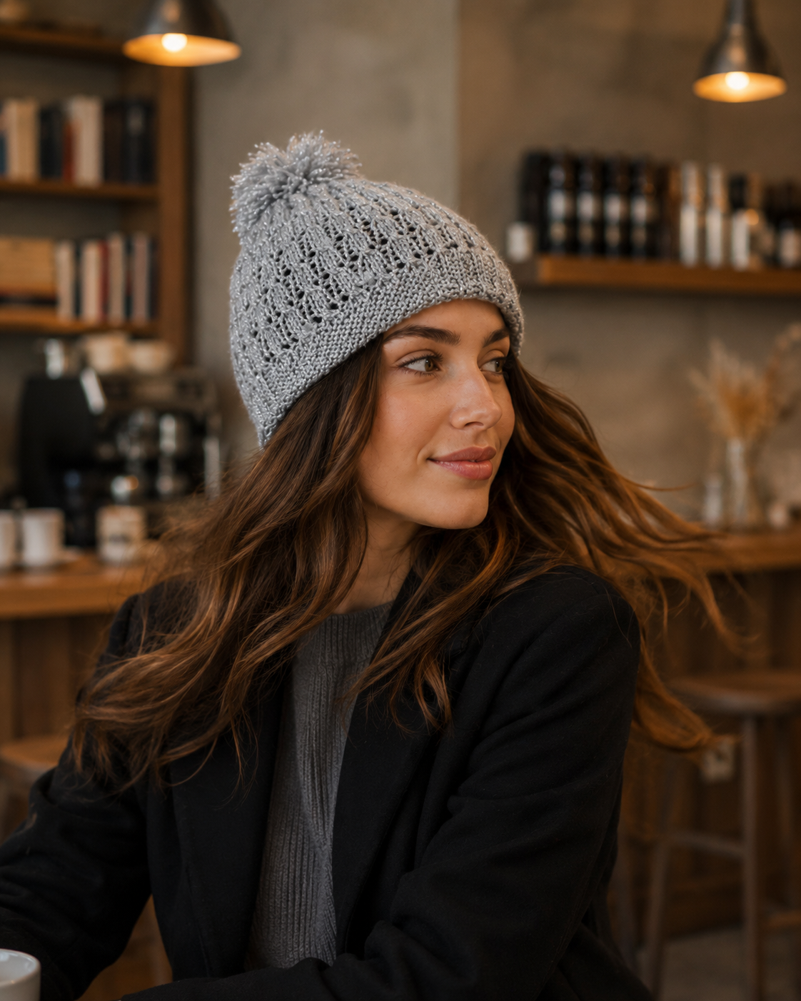 Hand-Knitted Pom-Pom Beanie Light Grey Openwork One Size