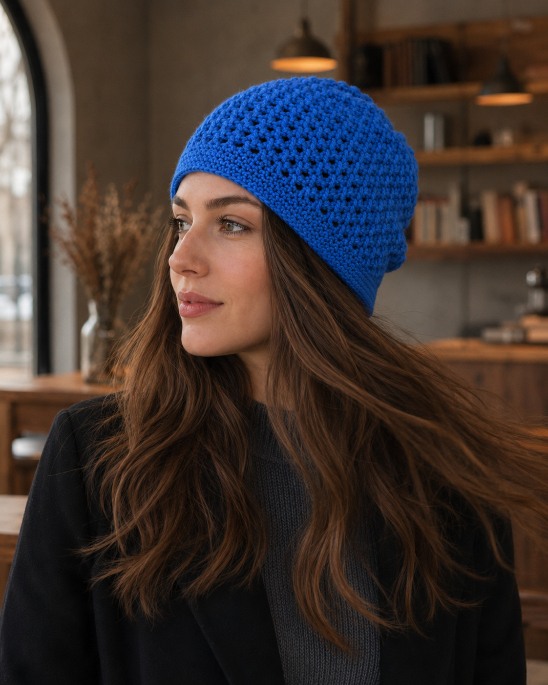 Hand-Knitted Slouchy Beanie Bright Royal Blue One Siz