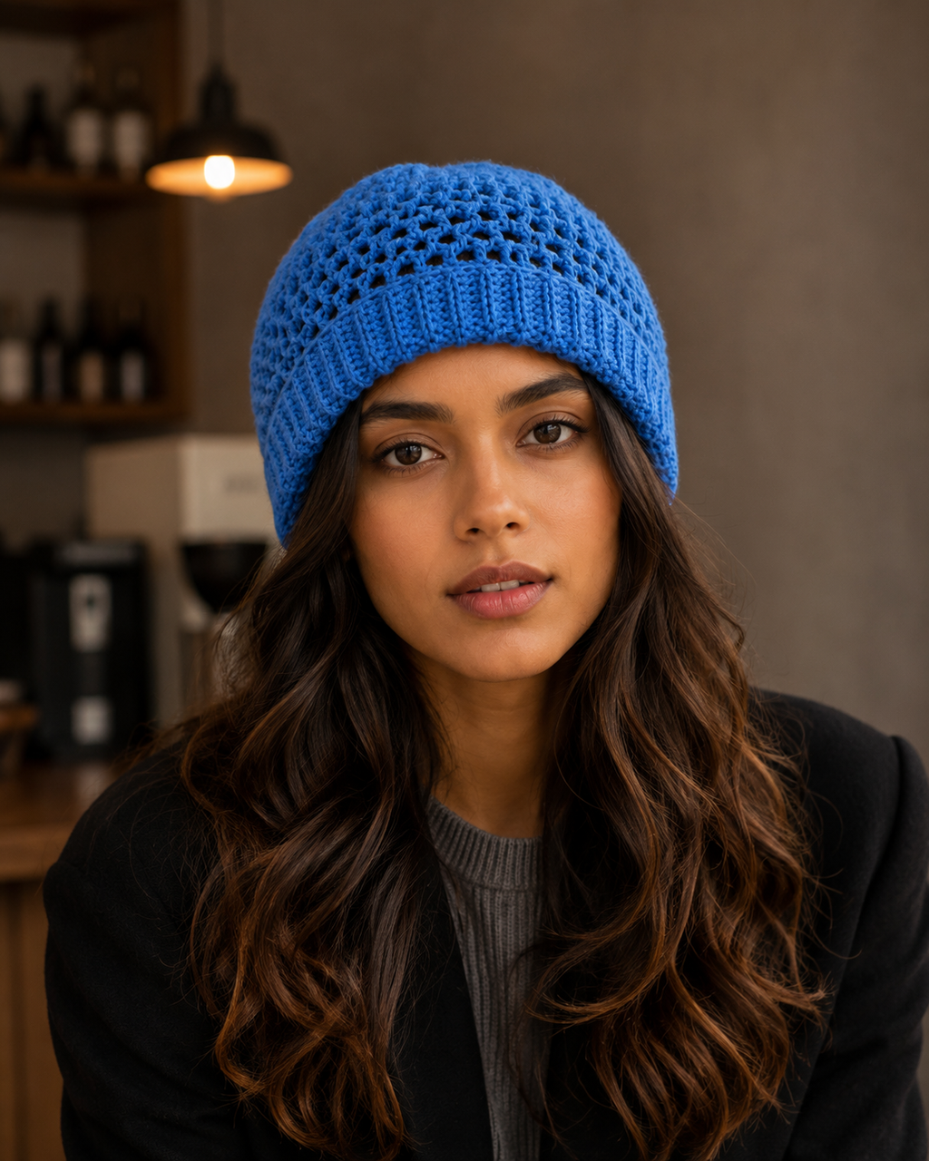 Hand-Knitted Slouchy Beanie Ribbed Knit Cuff  One Size