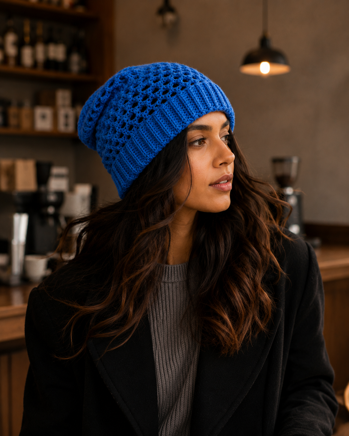 Hand-Knitted Slouchy Beanie Ribbed Knit Cuff  One Size